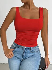 Allurite Summer Casual Solid Color Square Neck Ruched Camisole For New Year Clothes - Red - View 5
