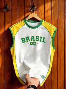 Manfinity Campus Court 復西足球背心，美國 BRASIL #10 印花上衣，圖案 T 恤，男士時尚休閒運動球衣，足球，足球用品，假期 - 彩色 - 查看 4