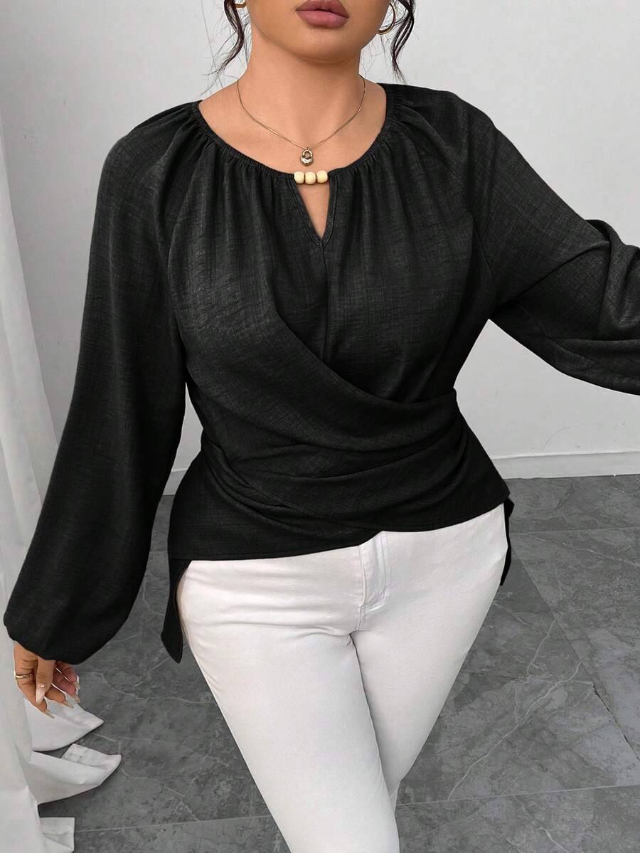 Elenzga Plus Size Solid Color Crossover Wrap Shirt, Suitable For Commuting - Black - View 1