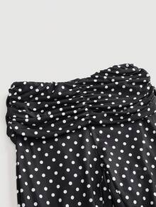 ROMWE Avant Vintage Y2K Style Vacation Retro Polka Dot Patchwork Ruched Fitted Women's 7/8 Length Pants - Black - View 3