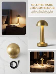 Rechargeable Mushroom Table Lamp, Brushed Metal Cordless Bedside Lamp, Minimalist LED Nightstand Lamp, Portable Desk Lamp For Bedroom Home Decor - one-size - View 5