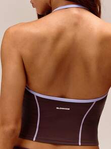 GLOWMODE FeatherFit™ In It To Win It Soft Sweat-Wicking Lightweight Colorblock Halter Tank Top With Removable Cups Yoga Pilates Studio Daily Active Wear - Brown - View 4