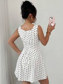Rafferiza Ditsy Floral Square Neck Tie Waist A-Line Sleeveless Dress For Women - Black and White - View 2