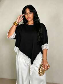 Rustia Plus Size Women's Lace Patchwork Asymmetrical Hem Round Neck T-Shirt - Black - View 6