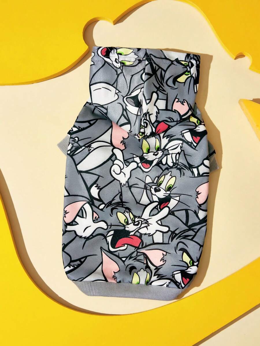 TOM & JERRY X SHEIN 1件全身印花寵物連帽衫,四季透氣可愛卡通狗貓運動衫,柔軟舒適小狗外套,印有完整傑瑞臉部圖案,XXS-XXXXXL多種尺寸適用於小型中型大型狗貓,寵物主人與愛好者的完美禮物 - 灰色 - 查看 1