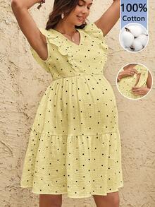 Boho Mama Vestido de maternidad y lactancia con textura de lunares y bajo con volantes - Amarillo - Ver 9
