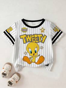 LOONEY TUNES X SHEIN 女童卡通印花短袖T恤，全印花 - 白色 - 查看 1