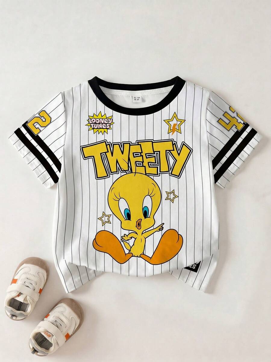 LOONEY TUNES X SHEIN 女童卡通印花短袖T恤,全印花 - 白色 - 查看 1