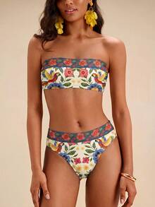 Travachic Women's Vintage Floral & Bird Print Bohemian Swimsuit Set, Suitable For Outings, Beach Vacation, Chic, Cruise Party Bathing Suit For Women - Multicolor - View 5