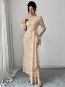 Modelyn French Design Lace Semi-High Neck Ribbon Cinched Waist Ruched Women's Dress - Khaki - View 6
