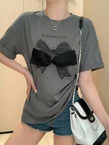 DAZY Women's Round Neck Short Sleeve T-Shirt With Bow Decoration Cute Tops,Graphic Tees - Grey - View 8