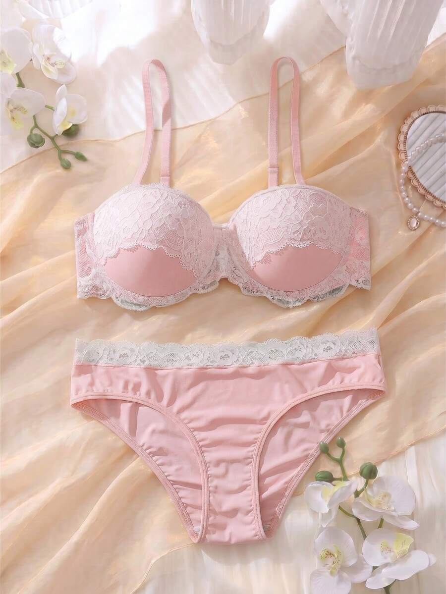 DelicateAllure 2件套女士优雅撞色蕾丝拼接内衣套装 - 粉色 - 查看 1