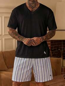 DAZY Short Sleeve Top And Shorts Set With Small Pattern Embroidery, Multi-Color Men's Loungewear - Black - View 3