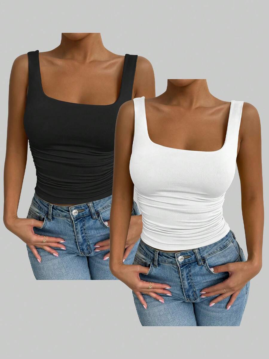 Allurite Solid Color Minimalist Wide Strap Casual Tank Top