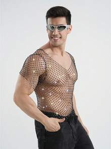 DSELFIQUE Herren glänzendes Strass-Fischernetz T-Shirt, sexy transparentes Mesh Rave, Musikfestival Kurzarm, Party Nachtclub Kleidung - Schwarz - Übersicht 6
