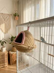 1pc Hand-Woven Straw Bird Nest Bed With UFO-Shaped Dome Design, Made Of Reed Material With Good Heat Insulation Effect, Parrot Sleeping Bag Suitable For Peach-Faced Lovebirds, Budgerigars, Usable Both Indoors And Outdoors - View 4