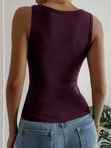 DAZY Top de tirantes anchos con cuello cuadrado, ajustado, de color púrpura sólido, de punto acanalado de algodón puro, corto para mujer - Burdeos - Ver 2