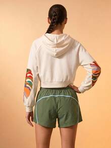CAJUNI Women's Tropical Plant Print Raglan Long Sleeve Drawstring Hooded Sweatshirt - Beige - View 2