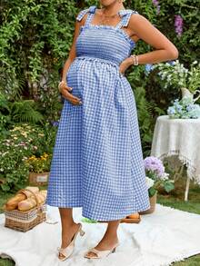 Lyckli Plaid Maternity Nursing Casual Soft Form 1960s Daily Dates Outing Dress Blue And Yellow Summer - Blue and White - View 4