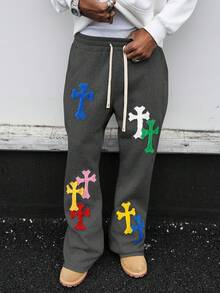 PAVTROS Men's Fashion Versatile Drawstring Waist Cross Embroidery Sweatpants With Pockets - Dark Grey - View 5