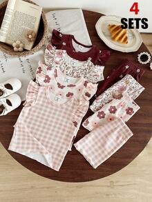 SHEIN Vintaside Kids 嬰兒女童多件套裝 夏季圓領無袖簡約時尚日常數位印花背心搭配休閒簡約時尚針織羅紋短褲套裝 適合外出、公園散步、日常休閒、露營、野餐及度假穿著 - 彩色 - 查看 3