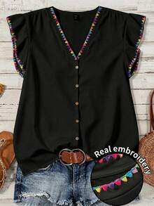 EMERY ROSE Women's V-Neck Contrast Color Casual Versatile Daily Outing Shirt - Black - View 1
