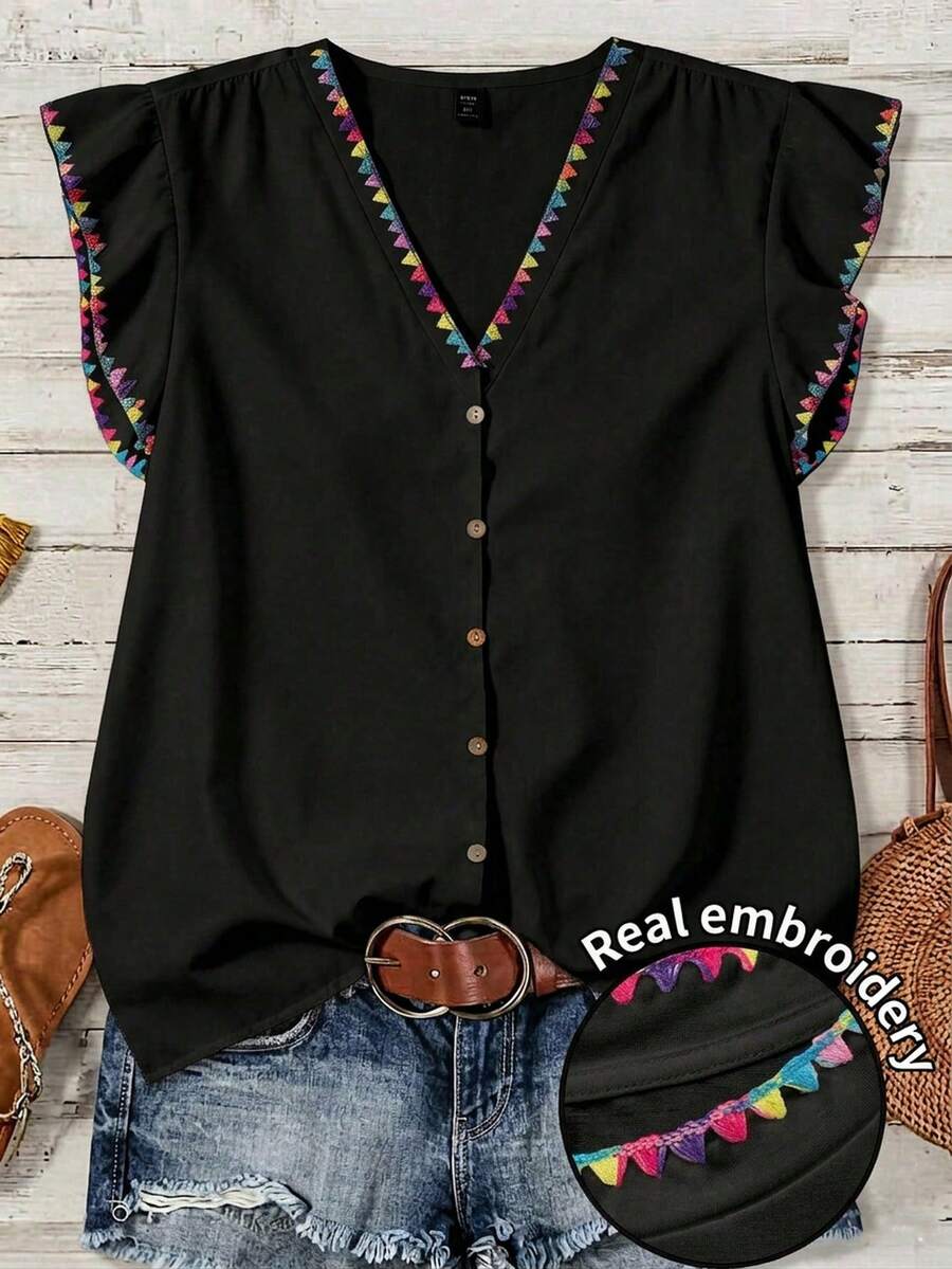 EMERY ROSE Women's V-Neck Contrast Color Casual Versatile Daily Outing Shirt - Black - View 1