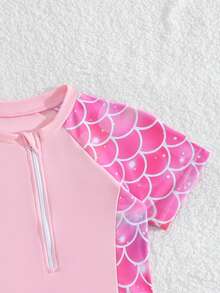 SHEIN 3件組女孩泳衣套裝，魚鱗印花，針織面料，適合游泳、夏季泳池、海灘水上遊戲，精緻優雅女士防曬防走光泳裝套裝 - 粉色 - 查看 5