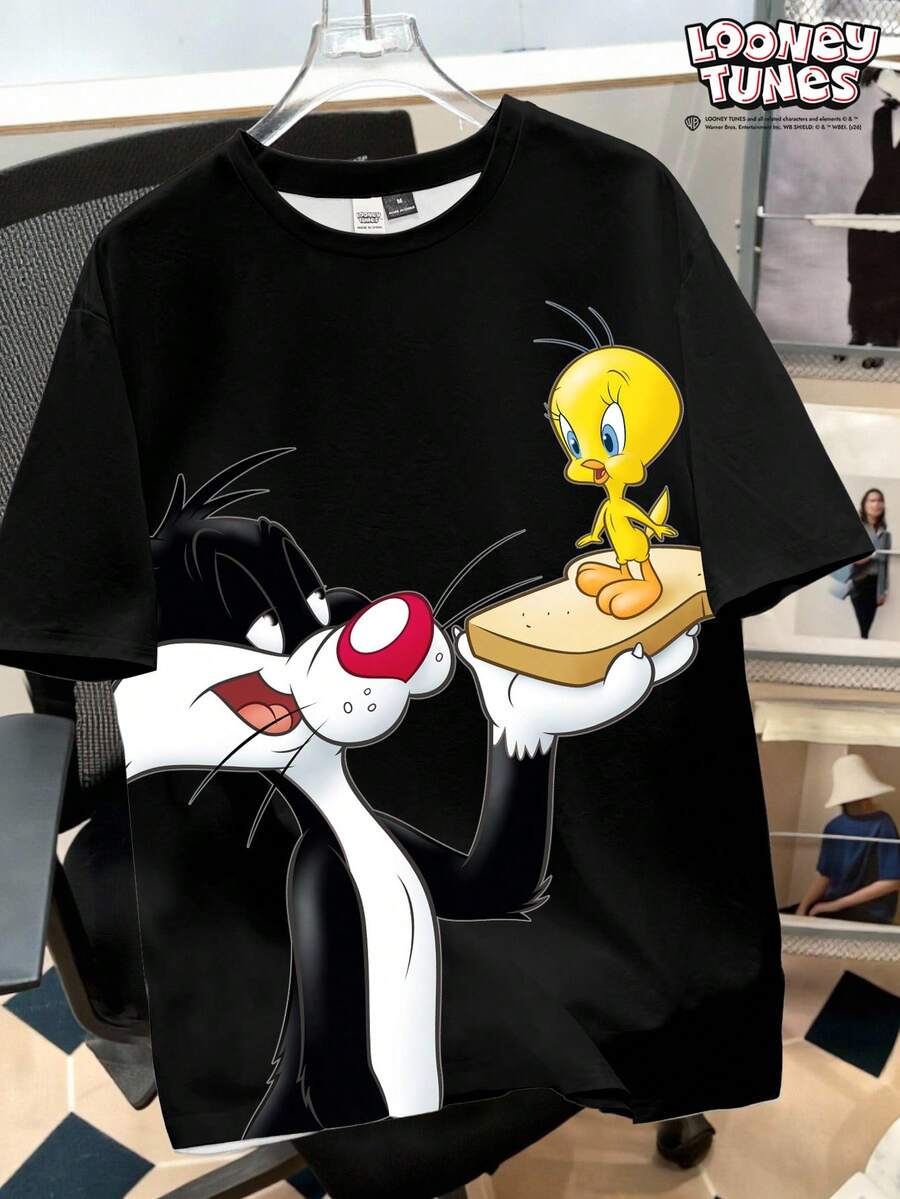 Looney Tunes X Manfinity Manfinity Joysei 男士休闲基本款卡通印花圆领T恤 - 黑色 - 查看 1