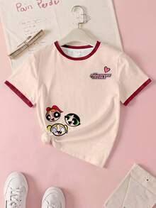 THE POWERPUFF GIRLS X SHEIN Tween Girls' Casual Contrast Trim Cartoon Graphic Round Neck Short Sleeve T-Shirt, Summer - White - View 1