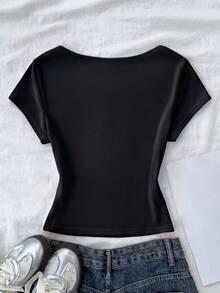 SHEIN Tween女孩夏季休閒百搭純色短袖T恤 - 黑色 - View 2