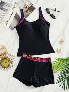 Swim Lushoire 女款夏季海灘熱帶植物印花休閒分體式比基尼套裝 - 黑色 - 查看 2