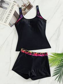 Swim Lushoire 女款夏季海灘熱帶植物印花休閒分體式比基尼套裝 - 黑色 - 查看 4