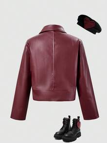 SHEIN ChillGRL Streecool 童女青少年夾克 秋季服飾 街頭風休閒時尚 純色翻領長袖拉鍊 PU 機車夾克 適中厚度 適合四季穿著 日常休閒、派對、度假 - 酒紅色 - 查看 2