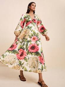 LOTSLUV Damen Herbst Hochzeit, Rosa und Weiß Polka Dot Blumen Tropen Allover Muster, V-Ausschnitt Langarm Twist Knoten Kleid, Elegant Romantisch Urlaub - Verschiedenfarbig - Übersicht 3