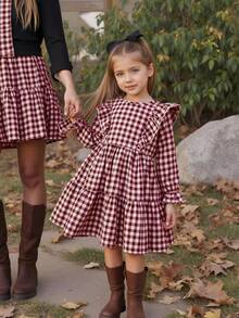Emery Rose Kids Emery Rose Kids Tween女孩/雙胞胎姊妹套裝－格紋寬鬆可愛復古休閒法式燈芯絨洋裝，長袖設計，適合秋季 - 紅白色 - 查看 3