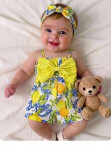 Cute Baby Girl: Casual, Simple, And Adorable With All-Over Print And Bow. Suitable For Birthday Par - Yellow - View 4