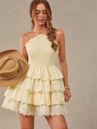 WESTFADE Abito da donna in tessuto intrecciato con scollo all'americana, arricciato e con gonna a 4 balze con ricamo a conchiglia e volant