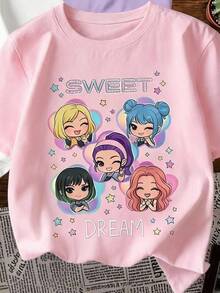 Set de 3 camisetas de niña con estampado de dibujo animado de capibara, de cuello redondo y manga corta para el verano - Morado - Ver 3