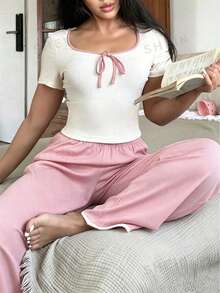 SweetSlumber 對比滾邊 Y2K 女款居家休閒套裝 - 淺粉色 - 查看 6