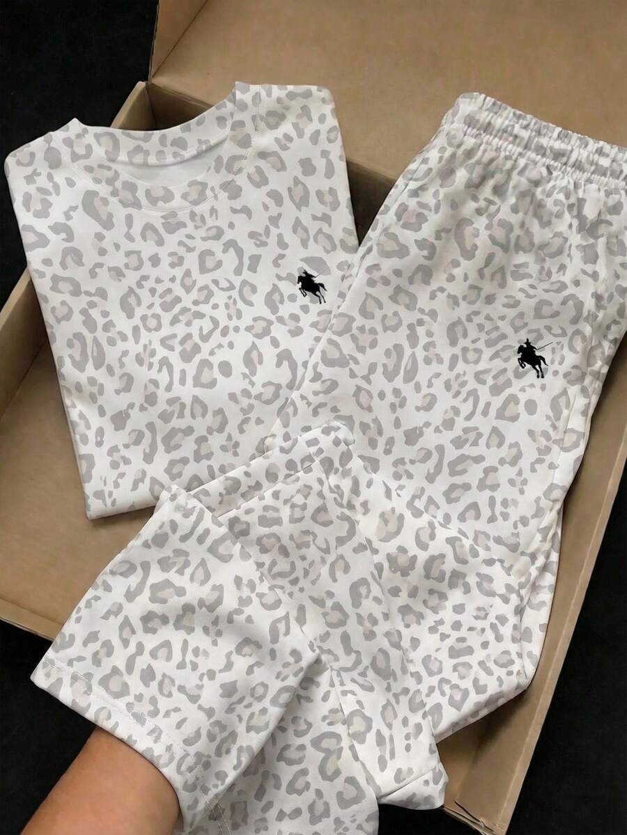 美式復古淺色豹紋騎士馬圖案,青少年女孩休閒度假夏季兩件套開學季,Y2K,音樂節,BM,美式復古甜美,休閒校園運動風,戶外野餐,出遊,街頭風 - 彩色 - 查看 1