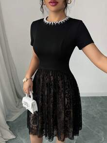 Feyla Women's Faux Pearl Decorated Round Neck Short Sleeve Lace Hem Elegant Modest Short Dress Party Dinner Black Summer - Black - View 4
