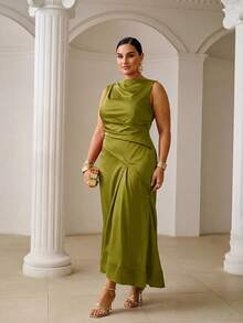 ZEYLAH Vestido largo ajustado con fruncido asimétrico primavera verano - Verde Oliva - Ver 5