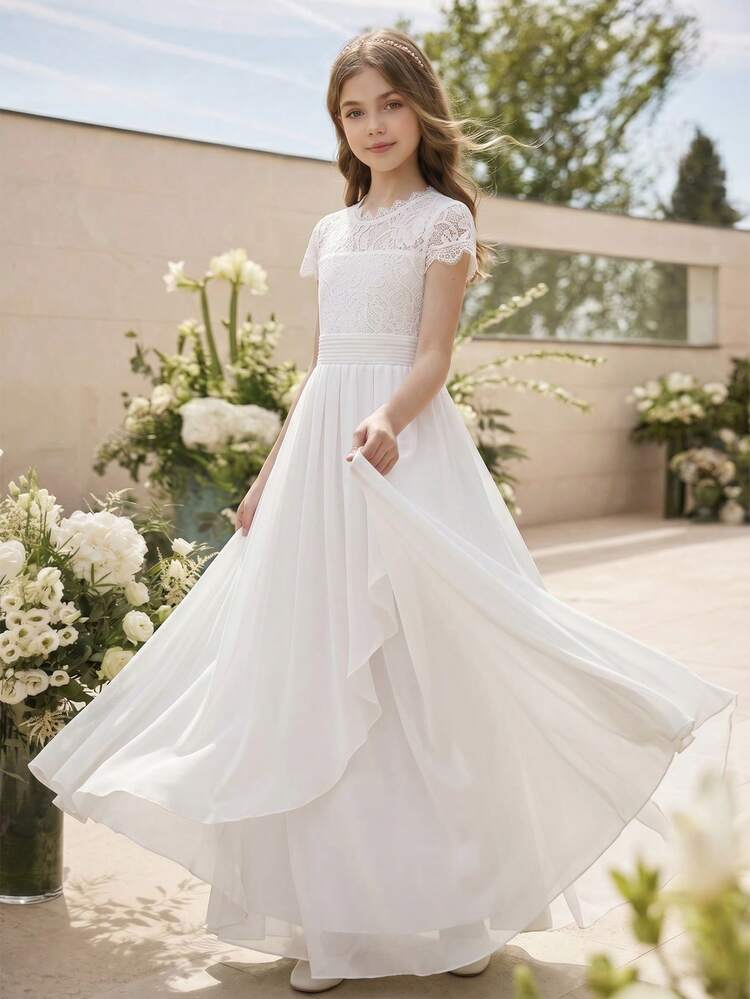 white chiffon graduation dress Four Seasons Season Wedding Flower Girl Elegant Ball Gown Dress, Asymmetrical Hem Lace Patchwork, Lightweight And Soft Fabric, Suitable For Vacation, Graduation Ceremony, Back To School Season, Wedding Season cute graduation dresses