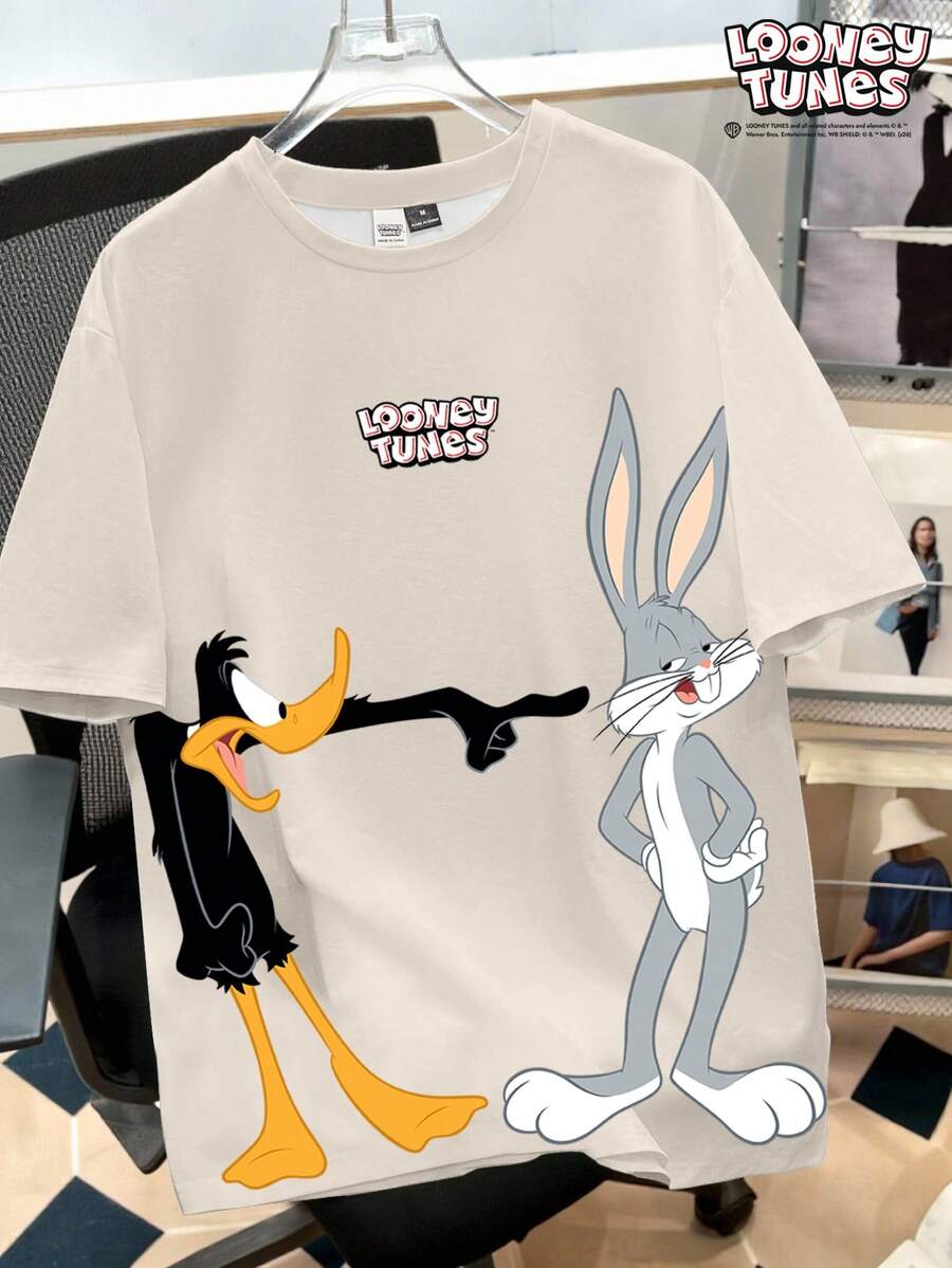 Looney Tunes X Manfinity Manfinity Joysei 男士休闲卡通图案圆领短袖T恤,夏季 - 卡其色 - 查看 1