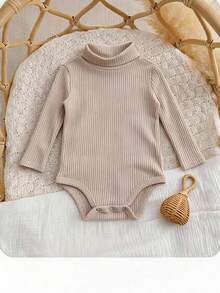Baby Girl Solid Color Ribbed Texture Long Sleeve Turtleneck Versatile Casual Autumn Bodysuit - Apricot - View 6