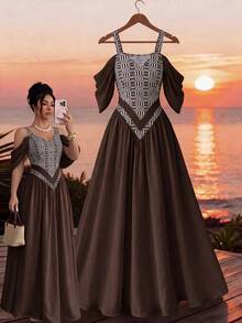 Elenzga Elegant Romantic Exquisite Women's Spaghetti Strap Sexy Off-Shoulder Retro Print A-Line Vacation Dress - Multicolor - View 3