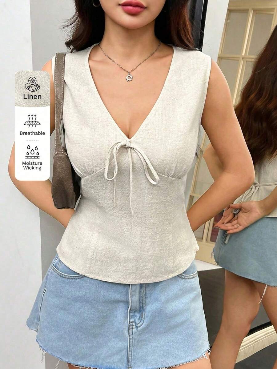 SHEIN EZwear Women's Linen Summer Camisole, Suitable For Vacation Wear - Apricot - View 1