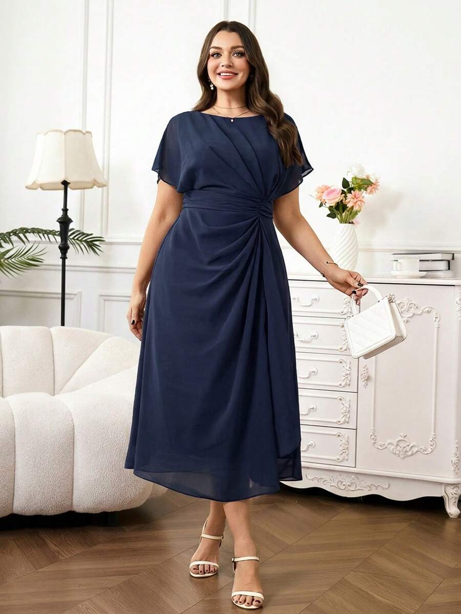 Reflora 大尺碼女款洋裝 春季女款洋裝 夏季女款洋裝 優雅女款洋裝 浪漫女款洋裝 紫色女款洋裝 飄逸女款洋裝 雪紡女款洋裝 中長版女款洋裝 抓皺女款洋裝 - 藏蓝色 - 查看 1