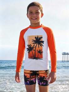 SHEIN Tween Boy Casual Fitted Video Game Glow-In-The-Dark Pattern Tankini 2 Pieces Swimsuit, Suitable For Spring/Summer, Beach Vacation - Multicolor - View 7